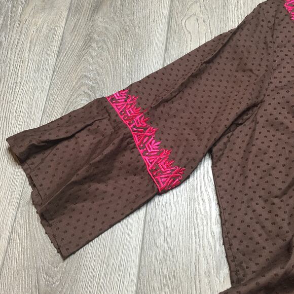 Rungolee Womens Embroidered Embellished Tunic Top Side Slit Brown Pink - Picture 4 of 11